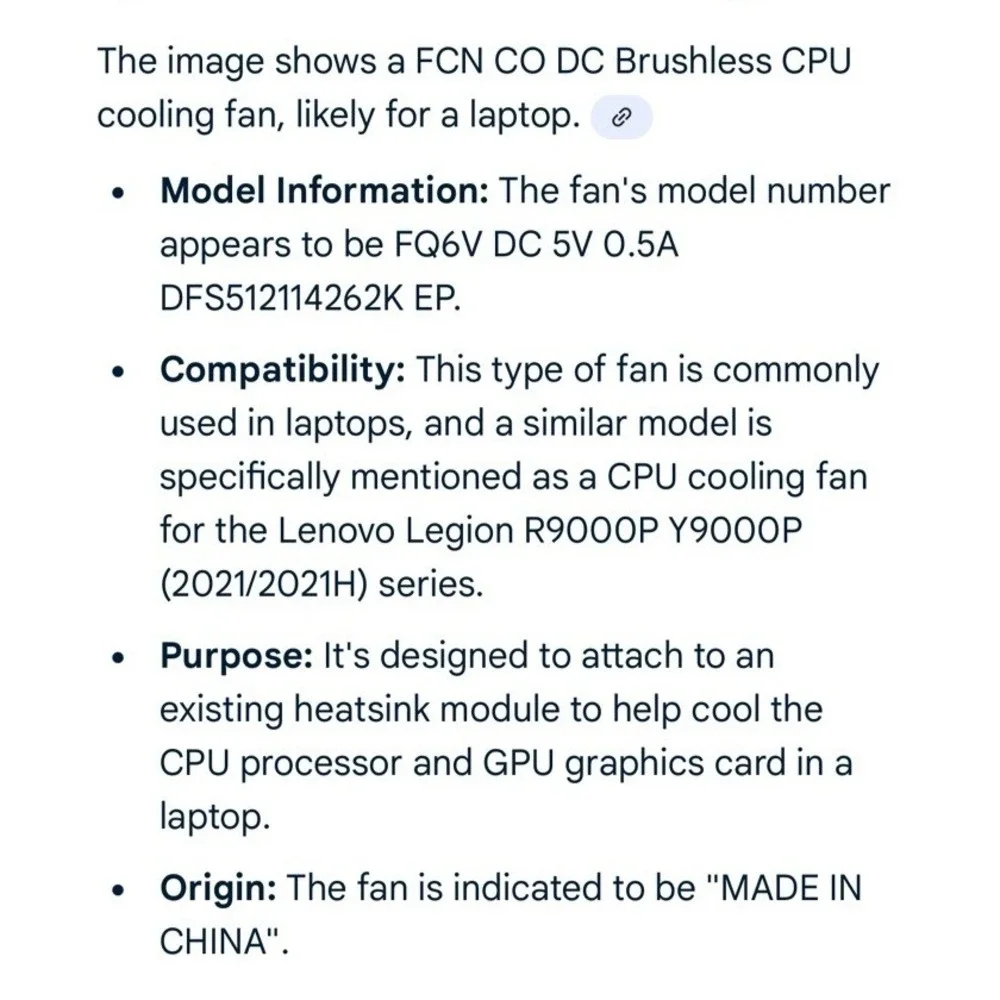 LENOVE LEGION R900P/Y9000P CPU COOLING‎ FAN FQ6V DC 5V 0.5A DFS512114262K EP